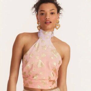 LoveShackFancy Exclusive Boca Handkerchief Top Sunset Gold Stars & Hearts Sz S